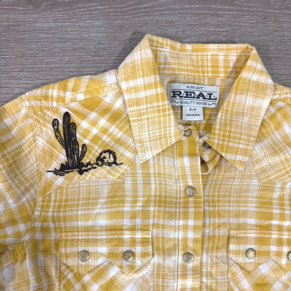 Ariat Real Sunrise Snap LS Shirt Womens S Ochre Yellow Plaid Cactus Embroidery